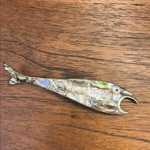 Midcentury Mexican Abalone Fish Alpaca Silver Bottle Opener